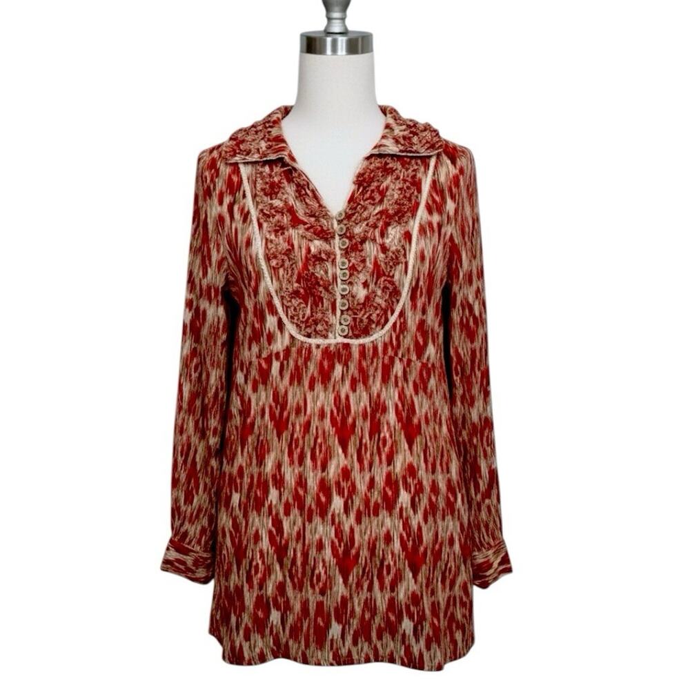 V Cristina Women’s SZ M Red Tan Abstract Pattern 3/4 Sleeve Lighweight Tunic Top